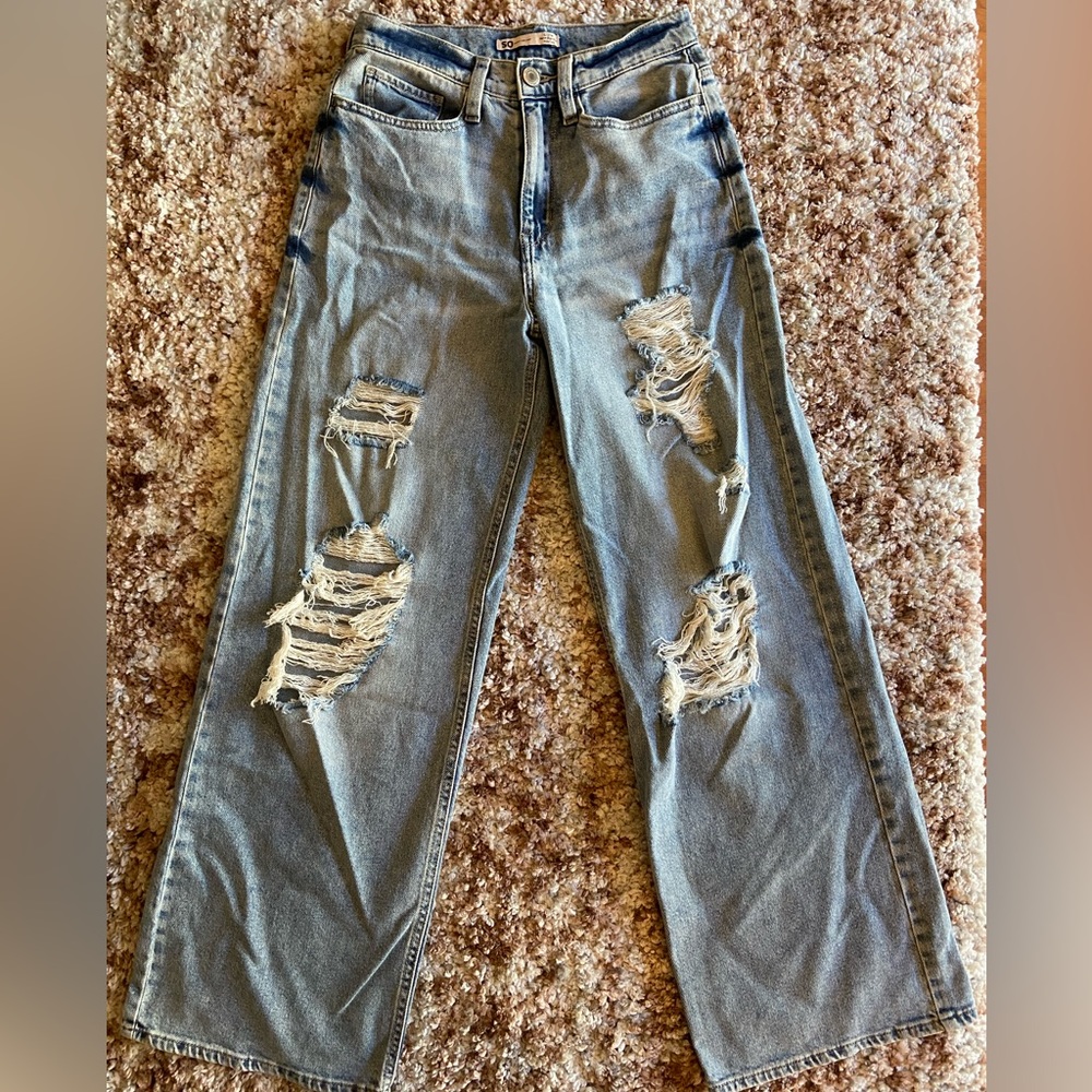 Highrise Wideleg Distressed Jeans